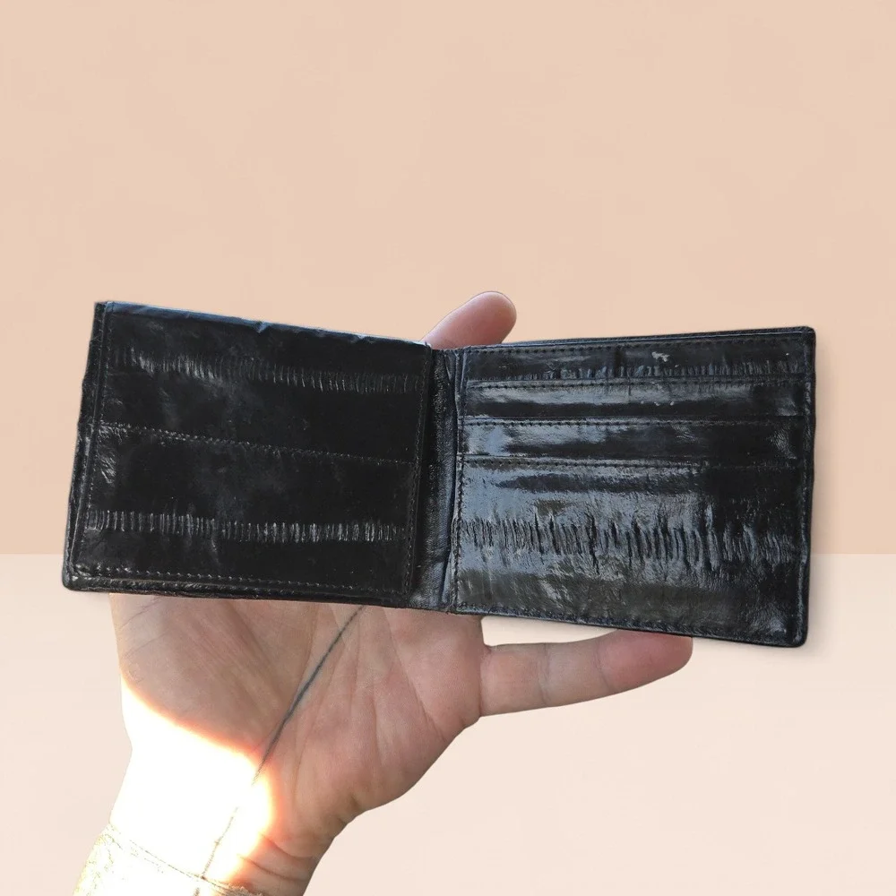 VTG‎ Minimalist Leather Wallet Black Genuine Eel Skin? Bifold Flip ID Window USA